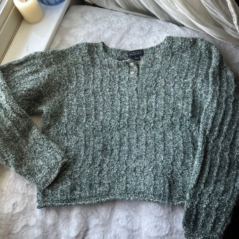 Cropped Chunky Knit Green Marled Sweater Minimalist Wool Blend